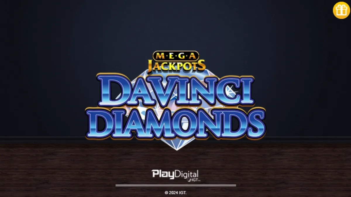 Uma imagem mostrando obras de arte renascentistas e joias brilhantes em um fundo dourado, representando o slot Mega Jackpot Da Vinci Diamonds.