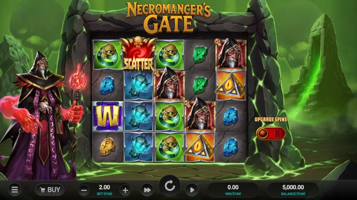 The dark and eerie interface of Necromancer’s Gate slot featuring spectral symbols.