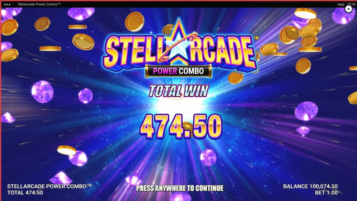 Interface do jogo Stellarcade Power Combo com elementos neon e espaciais