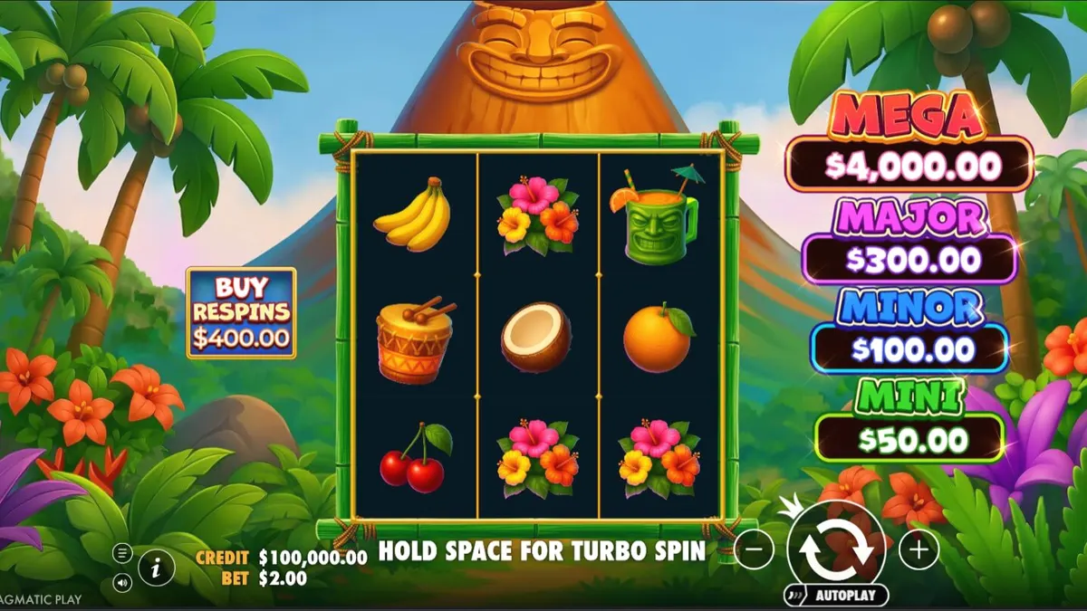 Interface do jogo Super Tiki Strike com tema tropical e vulcão ao fundo